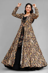 Black Crop Top Lehenga Set in Georgette with Paisley Motifs Long Shurg