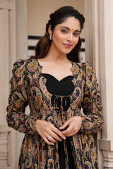 Black Crop Top Lehenga Set in Georgette with Paisley Motifs Long Shurg