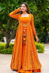 Orange Crop Top Lehenga Set in Georgette with Printed Long Shurg