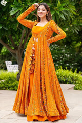 Orange Crop Top Lehenga Set in Georgette with Printed Long Shurg