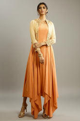 Light Orange Long Kurti in Rayon Cotton with Embroidered Jacket