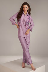 Lilac Purple Shirt Style Co-Ord Set in Silk with Embroidery and Cutdana Work