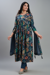 Prussian Blue Straight Cut Kurti with Floral Motifs and Mirror Embroidery Work