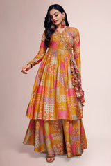 Mustard Muslin Printed Angrakha Style Anarkali Kurti with Palazzo