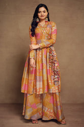 Mustard Muslin Printed Angrakha Style Anarkali Kurti with Palazzo - mustard muslin saree