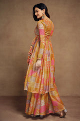 Mustard Muslin Printed Angrakha Style Anarkali Kurti with Palazzo