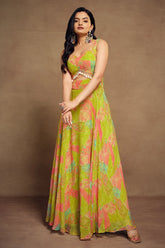 Lime Green Georgette Wide Shoulder Strap Front Cut Out Dress with Abstract Print - green georgette saree