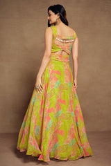 Lime Green Georgette Wide Shoulder Strap Front Cut Out Dress with Abstract Print