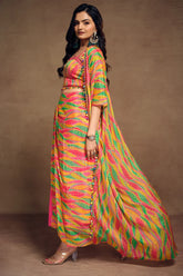Orange Chinon Silk Abstract Print Shoulder Strap Crop Top and Dhoti Skirt with Jacket - orange silk saree