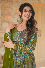 Green Rayon Printed Long Kurti with Dupatta