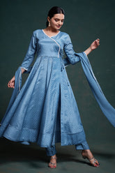 Sky Blue Chinon Silk Angrakha Style Bandhej Printed Side Slit Cut Kurti Set