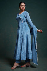 Sky Blue Chinon Silk Angrakha Style Bandhej Printed Side Slit Cut Kurti Set