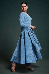 Sky Blue Chinon Silk Angrakha Style Bandhej Printed Side Slit Cut Kurti Set