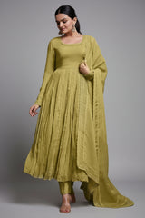 Olive Green Organza Crush Plain Anarkali Kurti Set