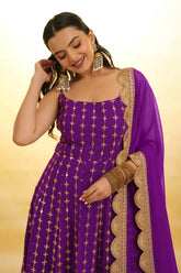 Purple Georgette Sequin Zari Embroidered Anarkali Kurti with Dupatta - red georgette saree embroidered