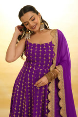 Purple Georgette Sequin Zari Embroidered Anarkali Kurti with Dupatta