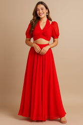 Red Fancy Healter Neck Crop Top and Skirt in Georgette