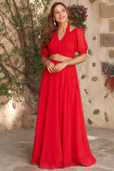 Red Fancy Healter Neck Crop Top and Skirt in Georgette - red georgette saree