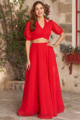 Red Fancy Healter Neck Crop Top and Skirt in Georgette