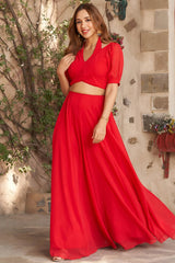 Red Fancy Healter Neck Crop Top and Skirt in Georgette
