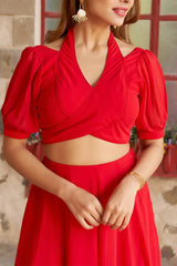 Red Fancy Healter Neck Crop Top and Skirt in Georgette