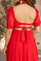 Red Fancy Healter Neck Crop Top and Skirt in Georgette