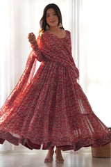 Maroon Georgette Paisley Printed Flared Anarkali Kurti Set
