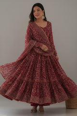 Maroon Georgette Paisley Printed Flared Anarkali Kurti Set