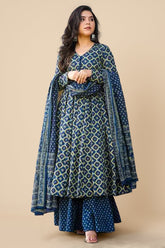 Rama Blue Cotton Silk Printed Kurti Palazzo Set - blue silk saree
