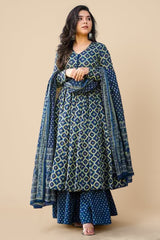 Rama Blue Cotton Silk Printed Kurti Palazzo Set