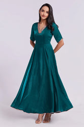 Peacock Blue Organza V Neckline Anarkali Kurti - blue organza saree