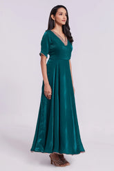 Peacock Blue Organza V Neckline Anarkali Kurti - blue organza saree
