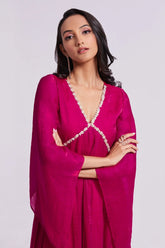 Rani Pink Organza Beaded V Neckline Kurti with Palazzo - pink organza saree