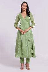 Green Organza V Neckline Angrakha Kurti with Pant