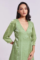 Green Organza V Neckline Angrakha Kurti with Pant - green organza saree