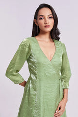 Green Organza V Neckline Angrakha Kurti with Pant