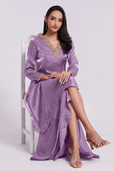 Lilac Purple Organza Handwork Neckline Kurti with Palazzo