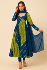 Olive Green and Blue Organza Printed Anarkali Kurti Set