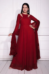 Maroon Georgette Flared Long Kurti with Dupatta