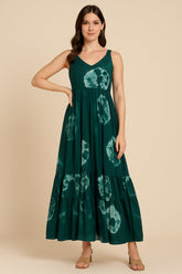 Teal Green Rayon Shibori Printed Long Flared Kurti