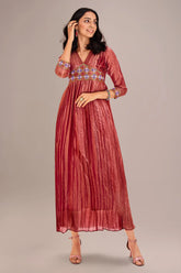 Coral Pink Organza Cutdana Worked Pleated V Neck Anarkali Kurti