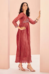 Coral Pink Organza Cutdana Worked Pleated V Neck Anarkali Kurti - coral organza saree