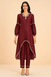 Maroon Organza Cutdana and Bead Worked C Cut Kurti with Pant