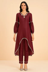 Maroon Organza Cutdana and Bead Worked C Cut Kurti with Pant