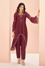 Maroon Organza Cutdana and Bead Worked C Cut Kurti with Pant