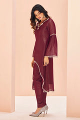 Maroon Organza Cutdana and Bead Worked C Cut Kurti with Pant
