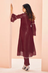 Maroon Organza Cutdana and Bead Worked C Cut Kurti with Pant