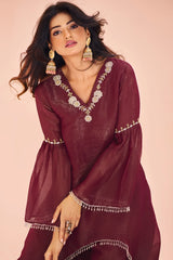 Maroon Organza Cutdana and Bead Worked C Cut Kurti with Pant