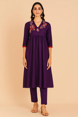 Purple Chinon V Neck Floral Motifs Kurti with Pant