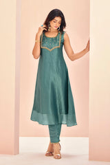 Aqua Blue Organza Kurti with Pant